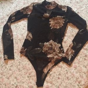 Black Floral Mesh Thong Bodysuit
